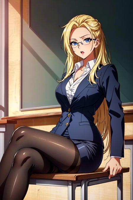 <lora:Ashe:0.6> Ashe, 1girl, solo, pantyhose, blonde hair, glasses, crossed legs, sitting, teacher, formal, skirt, suit, long hair, chalkboard, black pantyhose, skirt suit, thighband pantyhose, pencil skirt, looking at viewer, blue eyes, open mouth, classroom, perfect lighting, ((shining face, shining body)), perfect face, make up, eye shadow, ((gorgeous)), Extremely beautiful, perfect, (masterpiece:1.2), (best quality:1.2), cinematic, perfect skin, perfect lighting, textured skin, detail, beauty, overall, hour glass body, sharp focus, ultra-detailed, illustration, perfect face, ((gorgeous)), Extremely beautiful, perfect, detailed background, ((shonen anime style)), (detailed background, intricate background:1.1), beautiful, ((Extremely Detailed)), ((Best Quality)), ((Masterpiece)), ((4k))