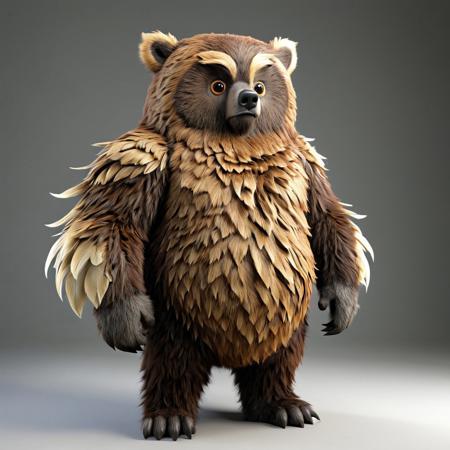 Owlbear, standing, brown fur, grey feathers, bear claws, 3D, detailed, OverallDetailXL
