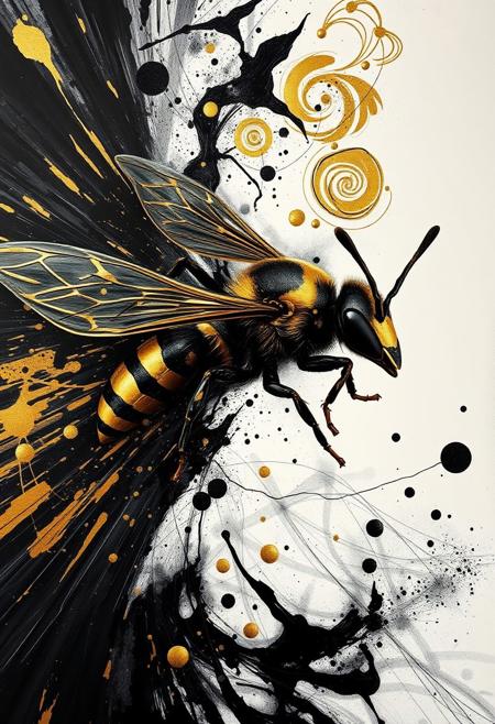 A hyper-stylistic, extremely detailed image depicts a breathtaking painting, crafted from a combination of smeared black and gold metallic paint. A hornet is captured in a streaked motion, as if it is moving rapidly in one direction. The black paint is applied in bold, dynamic strokes, creating a sense of energy and movement that is contrasted beautifully by the golden accents. The gold paint is used to highlight the hornet's features, adding a sense of depth and dimensionality to the image. The overall effect is one of breathtaking, surreal dynamism, as if the viewer has captured a fleeting moment in time. Every detail of the image is meticulously crafted, from the delicate, swirling patterns of the gold paint to the intricate, textured patterns of the black paint. The contrasts between light and dark, color and texture, create a sense of tension and energy that draws the viewer in, inviting them to explore the kinetic world of the painting. highest-Quality, intricate details, visually stunning, Masterpiece