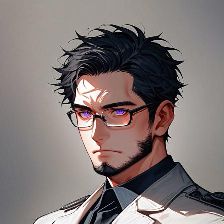 (score_9), (score_8_up), (score_7_up), (score_6_up), (score_5_up), (score_4_up), HD, 10k Res, Gritty, noir, source_anime+, (Cell Shading), (source_anime)+ (masterpiece), best quality, (expressive eyes), (perfect face)+++. Generate an image of Doctor Harvey. He is a middle-aged man in his forties, unusual purple eyes, wire-rimmed glasses. 1boy, solo, detailed eyes, (greying black hair, greying hair)+++, well-trimmed beard, kindly yet weary expression, dressed in a crisp white lab coat over a blue dress shirt and slacks, his reassuringly calm demeanor stands out