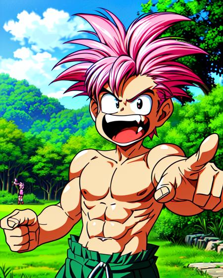 tombathemighty, 1boy, spiked hair, pink hair, fang, topless male, pants