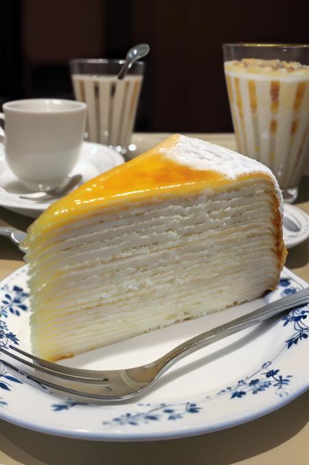 millecrape, food, blurry, plate, food focus, cake, still life, dessert, depth of field, blurry background, realistic, spoon, cup, pastry, cake slice, table, depth of field