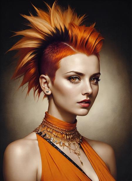 portrait of sks woman by Flora Borsi, style by Flora Borsi, bold, bright colours, orange Mohawk haircut, ((Flora Borsi)), <lora:locon_kaleycuoco_v1_from_v1_64_32:1>