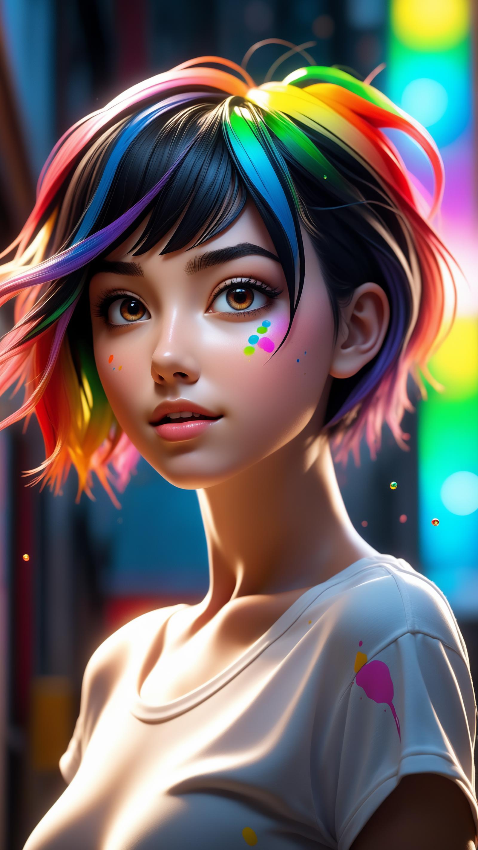 A digital art image of a woman with colorful makeup, including polka dots and painted eyes, wearing a white shirt and a headband.