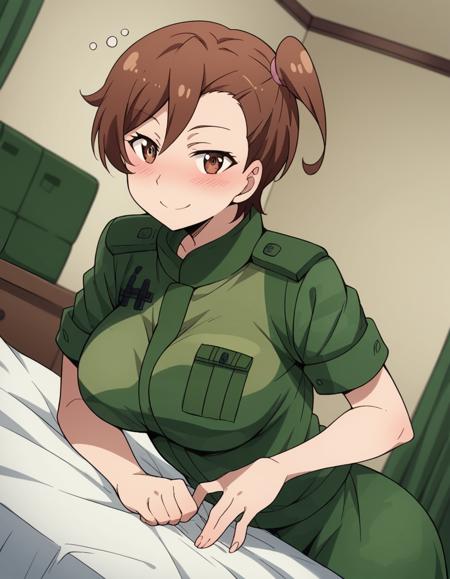 shino kuribayashi, short hair, brown hair, brown eyes, side ponytail, large breasts, uniform, military, military uniform, green uniform, skirt, jacket, miniskirt, pencil skirt, denim skirt, sweater, red sweater, brown jacket, collarbone,