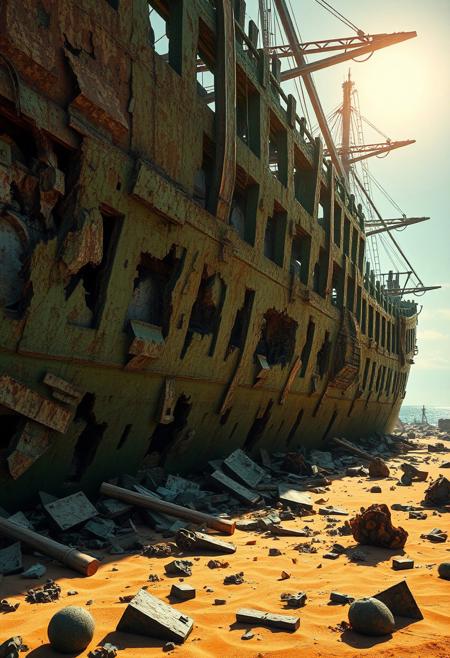 photorealism, high resolution, (polished:-1.3), broken hull with interlocking polygonal patterns, (bad composition:-1.3), sharp and jagged metal, scattered debris across the terrain, vibrant oil pastel hues of rust and decay, chaotic geometry in the ship’s frame, (disjointed anatomy:-1.3), saturated tones of green, sculptural and chaotic forms, (emphasis on chaotic geometric shipwreck forms:1.6), (blurry:-1.2), glowing light from the sun piercing through water, (low quality:-1.2), flowing yet sharp surfaces, unsettling, (overly ornate:-1.5), dystopian vibe, intricate and uneven fractal patterns in the wreckage, and blue, (noisy:-1.1), fragmented and twisted geometric structure, warped shadows cast by broken beams, (ugly:-1.3), (cartoonish:-1.1),abandoned shipwreck, orange, intersecting planes of broken metal and sand, minimal organic details, recursive fractures in the metalwork, brutal and irregular structure, fractured ocean floor, rusted angular edges, (smooth surfaces:-1.4)