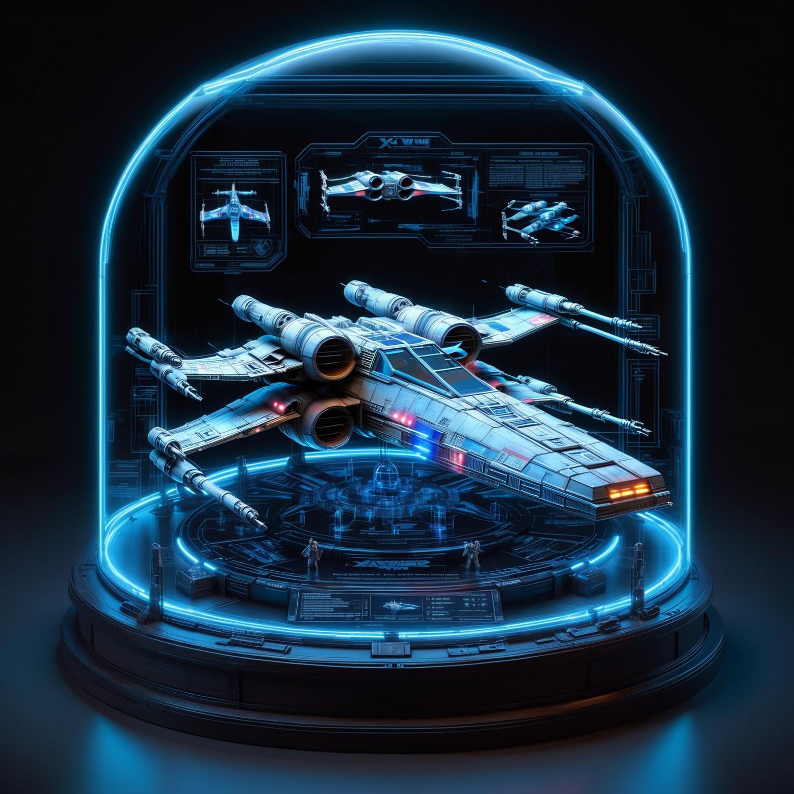 A space ship display with lights and a glass case.