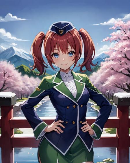 best quality, (masterpiece:1.2), illustration, absurdres,
(1girl, solo), (beautiful detailed girl),
<lora:Fran-07:0.7>, Fran Seeker, blue eyes, small_breasts, red hair, twintails,
garrison cap, uniform, suit, green miniskirt, black pantyhose, green high heels,
distant mountains, cherry trees, cherry blossom, petals, japanese architecture, river,,
hands on hips,
(upper body, portrait),,
happy, looking at viewer