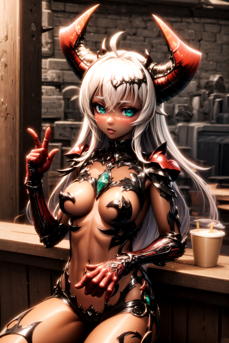 arnicedemon, green eyes, white hair, long hair, horns, red demon armor