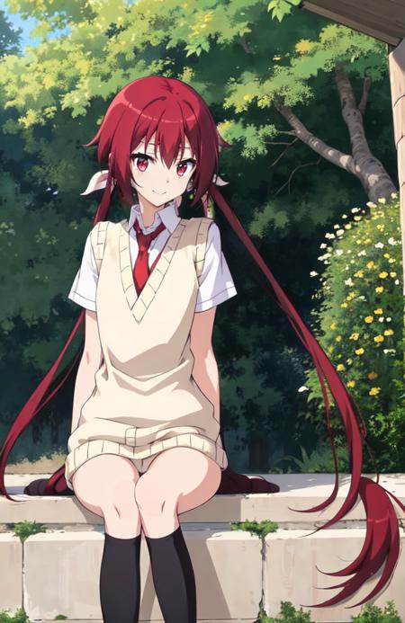 akane sakurada, flat chest, red eyes, red hair, very long hair, low twintails, hair ribbon, white shirt, red skirt, red necktie, loafers, black  long socks beige sweater vest black blazer