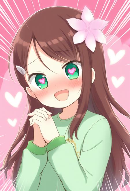 1girl, saikawa riko, heart, solo, brown hair, heart-shaped pupils, green eyes, blush, symbol-shaped pupils, own hands together, open mouth, hair ornament, long hair, looking at viewer, hair flower, heart background, long sleeves, flower, green shirt, smile, bangs, shirt, emphasis lines, pink background, upper body, own hands clasped, :d, <lora:40_waifus>