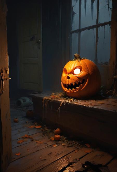 illustration, atmosphere of fear, detailed and sharp,a rotten halloween lantern, a few days after halloween, the terrifying smile and menacing eyes carved into the pumpkin begin to sag and mold, disgusting worms come out of holes in the pumpkin, greenish mold takes over the orange of the pumpkin, the scene takes place in front of the porch of an abandoned house, the door is open, we can slightly see the dust covering the furniture in the dark house, low light, midnight, art by Jakub Rozalski