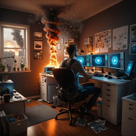 A young adult sitting at their desk, illuminated by the glow of a high-powered computer monitor, intensely focused on their screen. Their cluttered workspace is filled with snacks, empty coffee mugs, and scattered sketches of AI-generated art. The computer tower beside them is bursting into flames,  smoke and sparks erupting from the vents, casting a fiery glow across the room. Their expression is a mix of surprise and awe, as if witnessing the birth of digital chaos. Photorealistic lighting, dramatic shadows, high detail on the fire and smoke effects, heat distortion in the air, cluttered but cozy room with posters of digital art on the walls. Depth of field, cinematic composition, 35mm lens look, sharp focus on the subject, soft background blur. HavvoricFireDarkstyle,