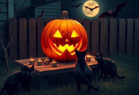 In a small yard on Halloween, there is a big, bright orange pumpkin sitting on a wooden table. Carved with a spooky face, its jagged teeth and triangular eyes seem to be glowing in the dim moonlight. Beside the pumpkin, there are some small candles, their flames flickering gently. There are also black cats prowling around the table, their green eyes staring at the pumpkin as if they are guarding this Halloween symbol. A few bats are flying overhead, their wings flapping silently.