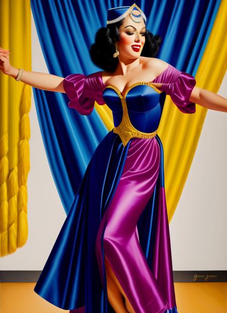 a painting, by George Gross; a woman, dancing, on a stage, spotlight; fun, sultry, exotic, veils, HQ, 8K, nice hands