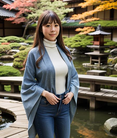 p1rop3, nature, outdoor, jeans, Turtleneck, Japanese garden, upper body, asian, smile 