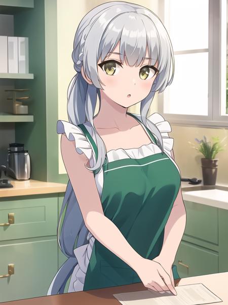 best quality, (masterpiece:1.2), highly detailed, (masterpiece), (illustration),
kitchen, indoor,
standing, (face focus:1.2), face, upper body,
nuke apron, sleeveless, frills, collarbone,
1girl, solo, long hair, silver hair, braid, sparkle, breasts, bangs, lens flare, yellow eyes, glint, medium breasts, green eyes,
shy, blush, (looking at viewer), :o,
<lora:Saki:0.7>