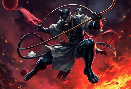 "Illustration of the armed samurai Ben Kei black panther with a clear outfit design, in a dramatic floating pose with a whip, showcasing official details and a fighting posture. From 2018, featuring top light, a stomping foot, and Marvel Japan coloring. High-resolution, 4K, and 8K versions available. Stunning colors, lifelike details, and a handcrafted, high-quality finish. Vivid emotions, dynamic action, and captivating lighting. Trending on Artstation and CGSociety. Inspired by the styles of Raphael, Houdini, and Frank Frazetta."