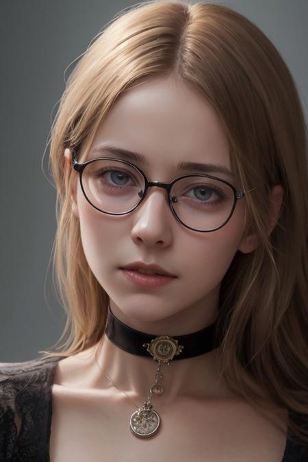 hyper realistic portrait, 8k, photo of a young woman,glasses, shy and humbly, looking in the camera, wearing slave choker, hyper detailed, perfect face, masterpiece,( drooling:0.9), tears in eyes