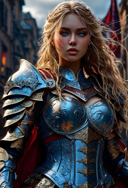 High resolution ultra-realistic of Beautiful Warrior girl, Fantasy style, 8k, capturing the intensity of the moment, dramatic lighting, standing on a bloody and stormy battlefield in a fighting pose, fire, intricately designed shining iron armor, red mini skirt, perfect athletic figure, beautiful Warrior girl, fire, dirty face, ultra realistic, cinematic style, athletic figure, Firm sinewy female slim body, dark fantasy, covered in dirty and blood, cinematic colors Lighting, extremely detailed, 8K, wavy blonde hair, realistic dirty bloody pale face, realistic blue eyes, beautiful Warrior girl on in cool iron armor, hyper-detailed, hyper-realistic, bright colours, Attractive 21 old years girl, Attractive, beautiful firm Breasts, sharp focus, digital painting, Photograph Taken on Nikon D750, Alphonse Mucha, 8K, athletic figure, Hyperdetailed, hyperrealism, Attractive, Attractive bust girl, asymmetric balance