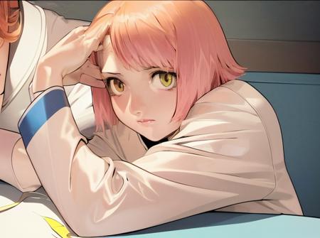 (masterpiece),(best quality:1.0), (ultra highres:1.0), detailed illustration, retro artstyle, portrait of a nude girl with short hair,((orange|pink) hair), looking towars right, (white leather jacket),(yellow eyes), furrowed brow,  (arm resting on a (blue) table), worried,light casting towards the left