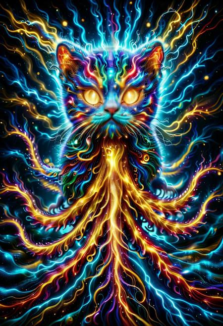 octocat made of golden and blue and red and yellow and purple lightning thunder trails, a mythical creature with the head of a cat and the body of an octopus, (cat head:1,6), whiskers, (cat ears:1.5), (inner fluff ears:1.3), (cat eyes:1.5), tentacles, eight tentacles, twisting tentacles, swirling tentacles, dark background, deep sea background, directed light, spotlight, best_quality, masterpiece, absurdres, highres, subject_focus, depth_of_field, ultra_detailed, sharp_focus, high_detail, intricate detail, clean_lines, volumetric lighting, dynamic shot, 
lthndrtrl, aidmaImageUpgrader