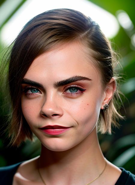 portrait of Cara Delevingne, (smiling:1.2) , wearing t-shirt , with dark red Feathered haircut , background jungle epic (photo, studio lighting, hard light, sony a7, 50 mm, matte skin, pores, colors, hyperdetailed, hyperrealistic), <lyco:Cara Delevingne:1.1>