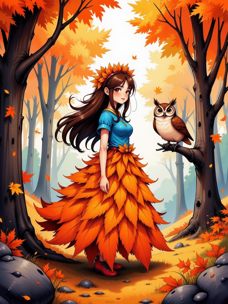 Close-up portpait. A whimsical autumn forest scene, showcasing a female figure dressed in a vibrant orange dress made of layered leaves, complemented by a bright blue top. An owl perches on a gnarled branch nearby, its feathers a rich mix of browns and whites. The background features tall trees with striking orange and gold foliage, illuminated by warm, soft sunlight filtering through the leaves, creating a dreamy, impressionistic atmosphere. The color palette includes warm oranges, deep browns, and hints of soft blues, evoking a sense of tranquility and magic in the heart of the autumn season. anime style colored rough ink sketch <lora:darksketch_flux:0.8> <lora:fca_style_32:0.6> <lora:Anime_detail_eye:0.7>