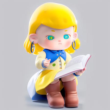 a girl ,green  dress,yellow   hair,reading, Soft light, white background <lora:Chibi persona:1>