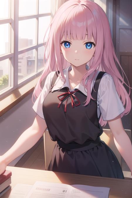 chikafujiwara, <lora:chikafujiwaratest:1>,
chika fujiwara, black bow, blue eyes, blunt bangs, hair bow, long hair, pink hair,
BREAK black dress, dress, pinafore dress, school uniform, shirt, short sleeves, shuuchiin academy school uniform, white shirt,
BREAK looking at viewer,
BREAK indoors, classroom,
BREAK <lora:GoodHands-vanilla:1>, (masterpiece:1.2), best quality, high resolution, unity 8k wallpaper, (illustration:0.8), (beautiful detailed eyes:1.6), extremely detailed face, perfect lighting, extremely detailed CG, (perfect hands, perfect anatomy),