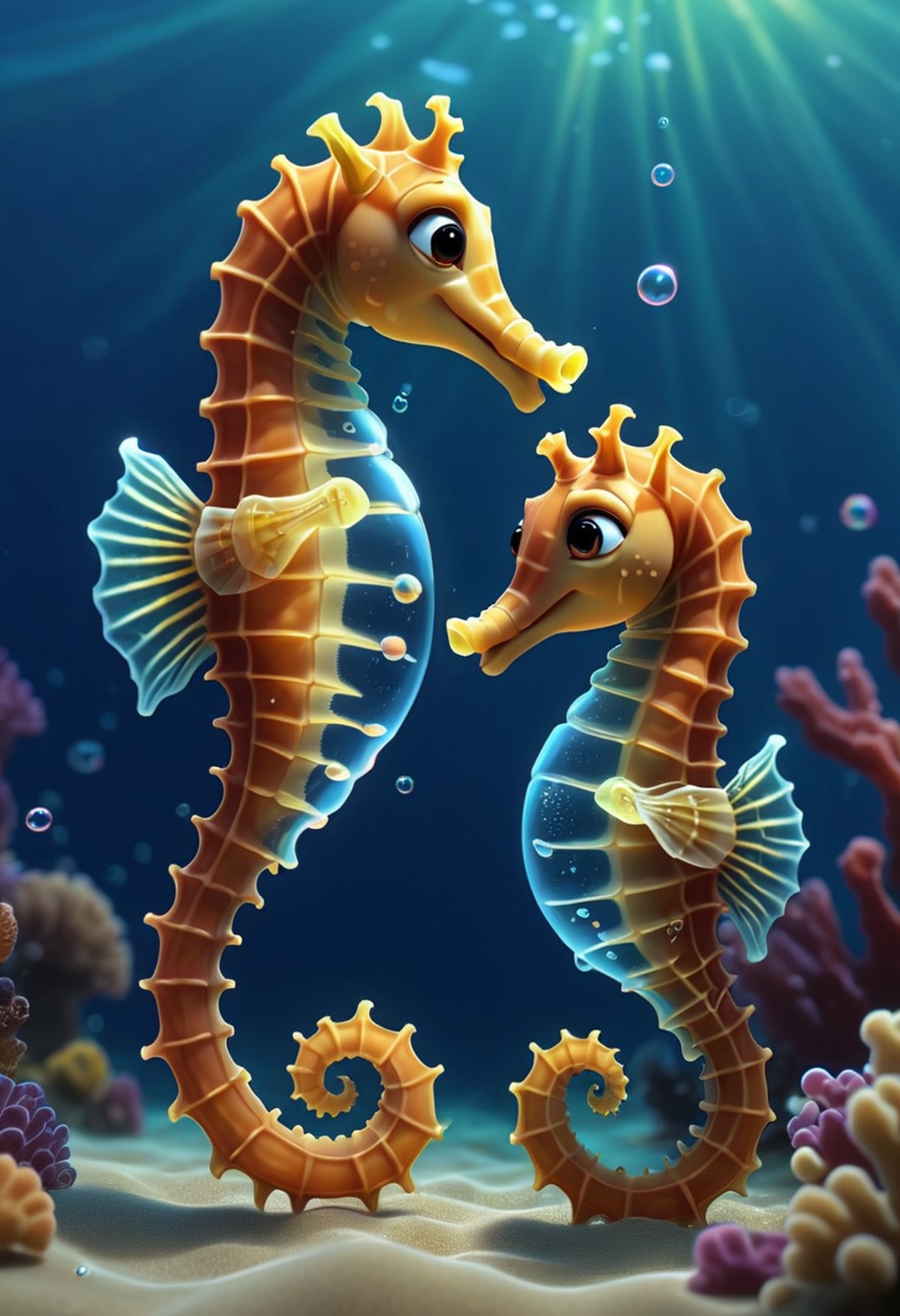 pixar style of  couple seahorse, tinny cute, ((( luminous))), in the ocean,  , bubbles, smile, high detailed, photorealist...