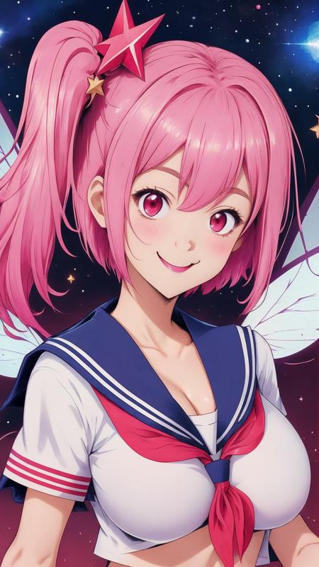 Ipusiron,  pink hair,  short hair,  side ponytail,  star hair ornament,  red eyes,  big breast,  cleavage,  ((SERAFUKU)),  fairy wings,  4 wings,  smile,  happy,  shy,<lora:EMS-252600-EMS:0.800000>