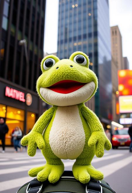 A soft cute , youthful and smiley stuffed frog named Freddy, happily arrives downtown in a big city looking for fun adventure