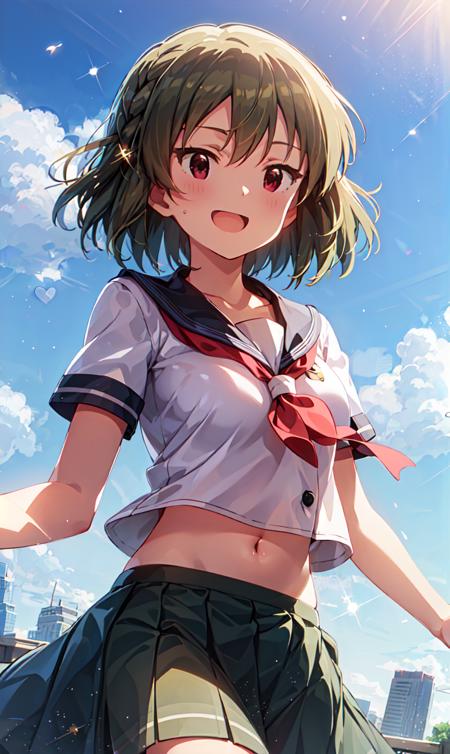 subaru nagayoshi (million live), brown eyes, large breasts, (best quality, 8K, masterpiece, ultra detailed:1.2), cinematic angle,
day, dappled sunlight, blue sky, beautiful clouds, cityscape, lens flare, sparkle, light particles, wide shot,
1girl, solo, skirt, smile, looking at viewer, sailor collar, pleated skirt, short sleeves, school uniform, blush, serafuku, collarbone, wind, floating hair, midriff, navel, covered navel, side braid