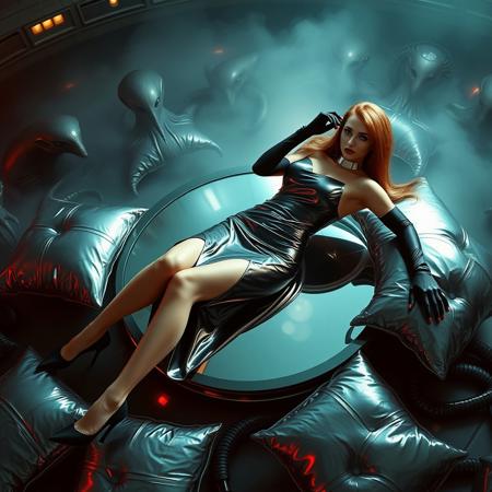 tall slender  elegant slavic mistress  in sexy high slit  foil  dress,   elbow nylon gloves,  high heels,  lays on back at   floating  mirror disk,  legs spread, view from above,  surrounded by   foil pillows and alien tentacle monsters,  alien weird harem at background, sci-fi, scifi, mind control,  slave collar, steel, foil, fog,   hypno,  romance, poison, lipstick,  long hair, heavy makeup,   1950s hairstyle, red nails,   long hair, green eyes,  sharp cheekbones, ultra thin waist , mysterious,  alien spaceship,   space, radiating, laser, dramatic lighting, ral-alufoil