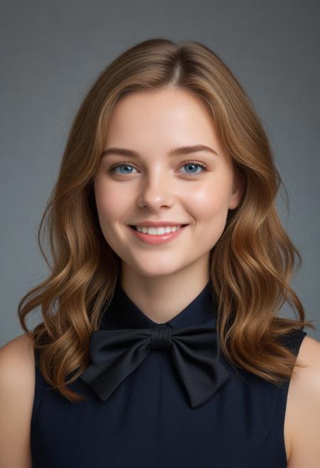 his is a high-resolution photograph featuring a young girl with a bright, cheerful smile. She has light brown, wavy hair that cascades past her shoulders, styled in loose waves. Her hair is parted in the middle and tied back with a small black bow at the top. She has a light complexion and striking blue eyes, which are the focal point of her expressive face. She is wearing a sleeveless, black dress made of a smooth, textured fabric that appears to be a cotton blend. The dress has a high collar that adds a touch of elegance to her look.
The background of the photograph is a gradient of soft, muted blue tones that create a subtle, professional studio feel. The lighting is even, highlighting her face and the details of her dress without creating harsh shadows. The image is framed with a simple, elegant border that features the website "HaynePhotographers.com" in a cursive font. The overall style of the photograph is clean and polished, emphasizing the subject's natural beauty and youthful charm. The photograph is likely taken in a professional studio setting, as indicated by the consistent lighting and background.