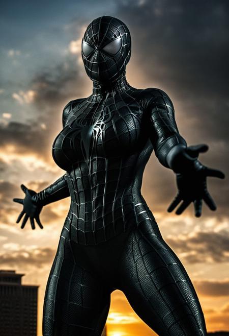 score_9, score_8_up, score_7_up, best quality, realistic, masterpiece, beautiful detail, hyperrealistic, afternoon sky, ((1girl, woman body, big breasts)), amazing detailed full body portrait of a beautiful girl, wearing a realistic and highly detailed black raimi spider-man suit , wears black spiderman mask, ((huge muscular girl)), (action pose), suit covered entire body and hand, black spiderman gloves, (full body), (dirty skin), close up, octane render, highly detailed, volumetric, dramatic lighting, (highest quality:1.1), (HDR:1.3), (top quality, best quality), realistic, high definition,