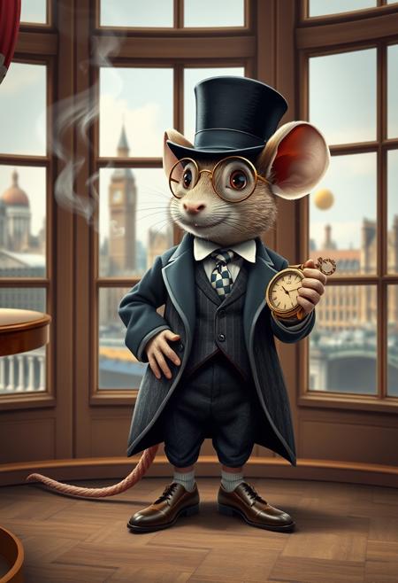 1 cute mouse,wearing a luxurious costume,standing_fierly,top_hat,monocle,dandy, brogue_shoes handling_old_pocket_watch_attached_with_chain,smoking,mouth_open,snob,aristocrate,detailed english_interior daylight 1960_year intricated_costumes_pattern,paisley,checkered_necktie,collared_shirt, pay attention on details of the costume,windows_showing london_city