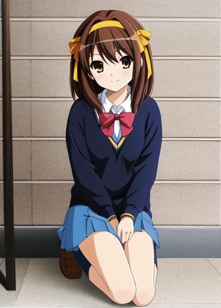 <lora:12-000020:0.5>,very detailed ,highres,(masterpiece_1.0),(best quality_1.0),1 girl, solo,haruhi suzumiya, sitting,on knees,kneeling, school uniform,yellow hairband, full body, looking at viewer,