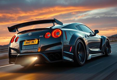 “A high-performance sports car seen from the back, exuding power and speed. The sleek design features aggressive aerodynamics, wide tires, and distinctive tail lights. The license plate boldly reads ‘I BRAKE ONLY FOR BUZZ.’ The car is in motion on an open highway at dusk, with motion blur enhancing the sense of speed. The exhaust emits a faint glow, hinting at raw horsepower. The background showcases a dramatic sky with deep oranges and purples, adding to the cinematic feel. Ultra-realistic reflections on the car’s glossy surface and intense lighting make the scene striking and dynamic.”