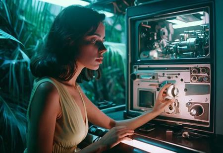 a cinematic still color closeup photograph, from the dream of a dream machine, dreaming of the invention of a machine, that could make copies of human dreams, a brunette woman's mind is attached to the dream machine, Leica M3 , Kodachrome, cinematic lighting,  brazilian tropicalia ultra futuristic, meta modern, 
badquality, low quality, cursed image