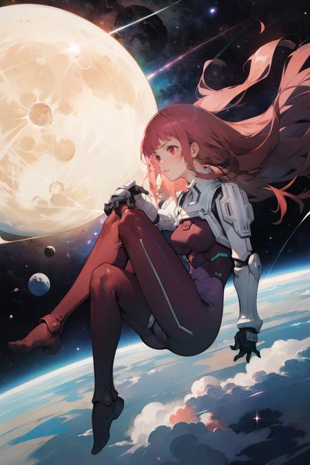 masterpiece, best quality, kenmarinaris, red eyes, bodysuit, shoulder pads, gauntlets, black gloves, thigh boots, outer space, floating, moon <lora:kenmarinaris-nvwls-v1-000012:0.9>