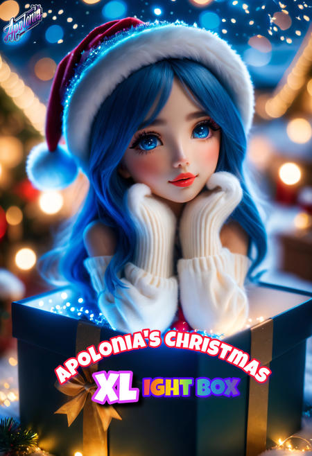 (8k masterpiece, best quality:1.2)Apoloniasxmasbox, solo, fantasy girl, hat, long hair, blurry, blue hair, gloves, lips, depth of field, sitting, night, bokeh, freckles, delicate low light, christmas atmosphere, warm, cuddly, festive