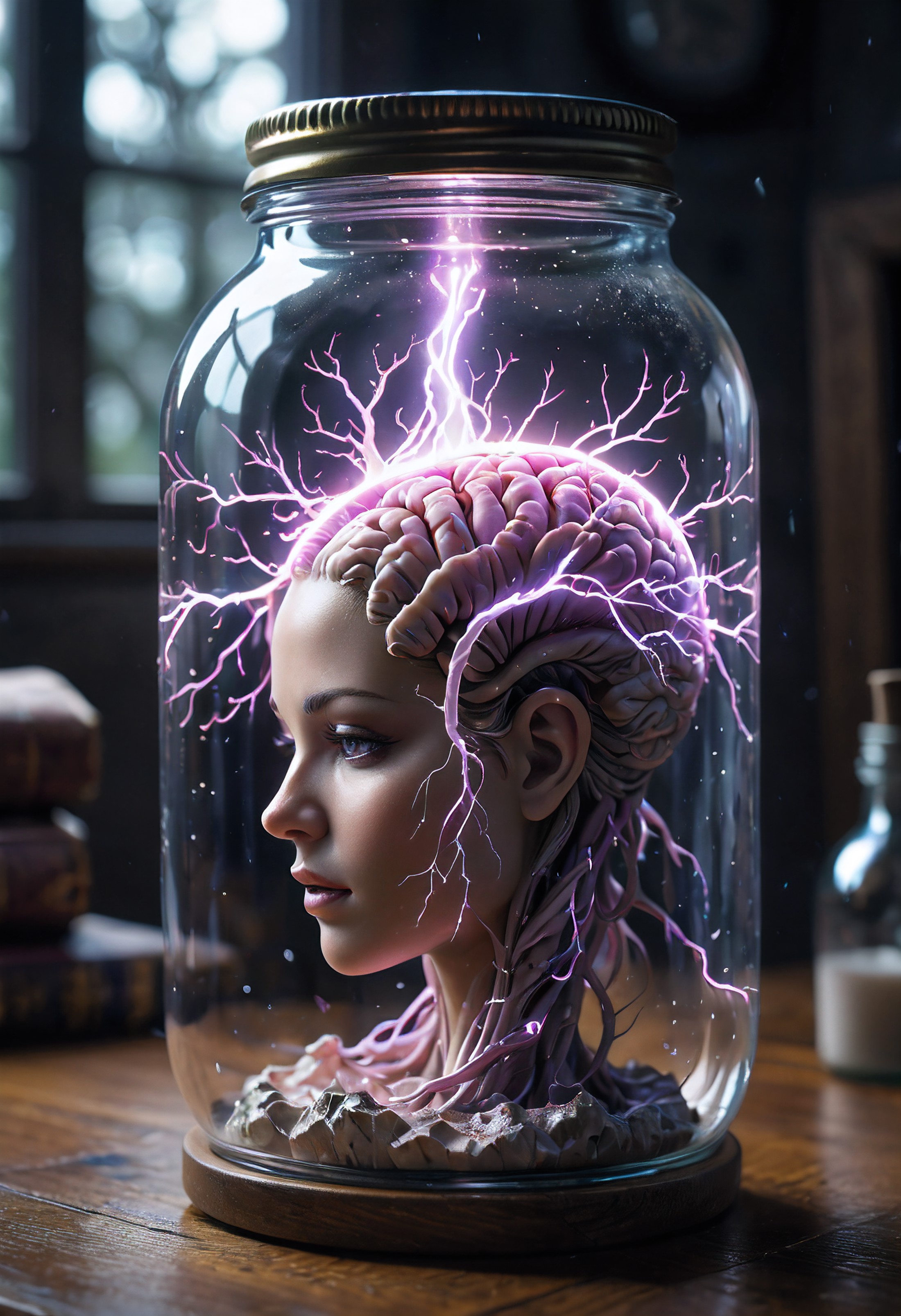 sci-fi style (lightning storm), a human brain growing in a glass jar in a workshop, jar full of a dull transluscent liquid...
