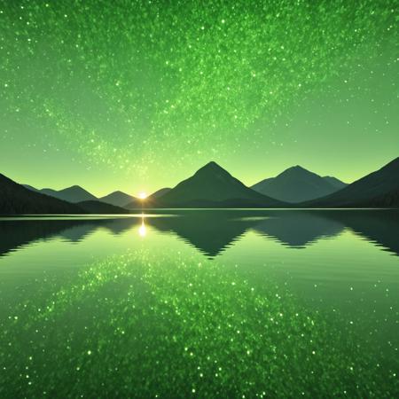 very aesthetic, very absurdres, symmetric, artistic, dawn, calm lake horizon made of hud_per1d0t_wrld, green glittering, light bloom, reflective