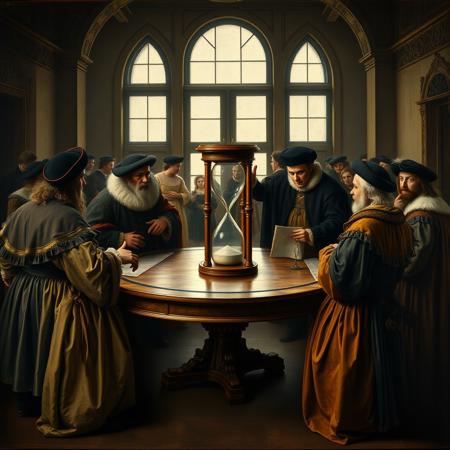 Rembrandt's painting, Renaissance Italy, a palace hall, a large round table around which richly dressed men stand and argue, medieval clothing with wide sleeves, expensive berets, fur capes, a huge hourglass stands in the center of the round table, it is very stuffy, in the background a girl pulls the window handle