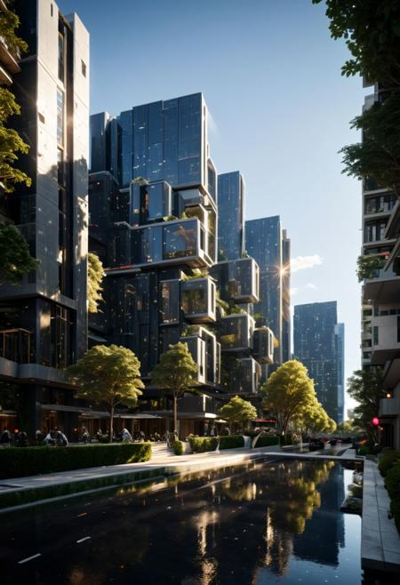 (((Modern style architecture, housing, luxury residence))),
outdoors, sky, tree, blue sky, no humans, ground vehicle, building, scenery, reflection, city, cityscape, bare tree, skyscraper, real world location,
(Large Files, Ultra Realistic, 8K, 16k, FHD, HD, VFX, Perfect, Photography, composition, Architecture Sales Photography, Architecture Competition, Ultra High Resolution, Cinematography, High Resolution Image:1.1), (dramatic lighting, direct sunlight, ray tracing, clear shadow:1.2), (real landscape:1.1), (blurred background:1.0), (urban background, more_details)  
(avant-garde, future, reality, science fiction, photorealistic), (modern architecture:1.2), White limestone with black granite, fountain, waterfall, landmark, square, path, narrow street,
(Large Files, Ultra Realistic, 8K, 16k, FHD, HD, VFX, Perfect, Photography, composition, Architecture Sales Photography, Architecture Competition, Ultra High Resolution, Cinematography, High Resolution Image:1.1), (dramatic lighting, direct sunlight, ray tracing, clear shadow:1.2),  (real landscape:1.1), (blurred background:1.0), (urban background, more_details) ,
great lighting, extremely detailed, clear, SteamPunk, futuresurban