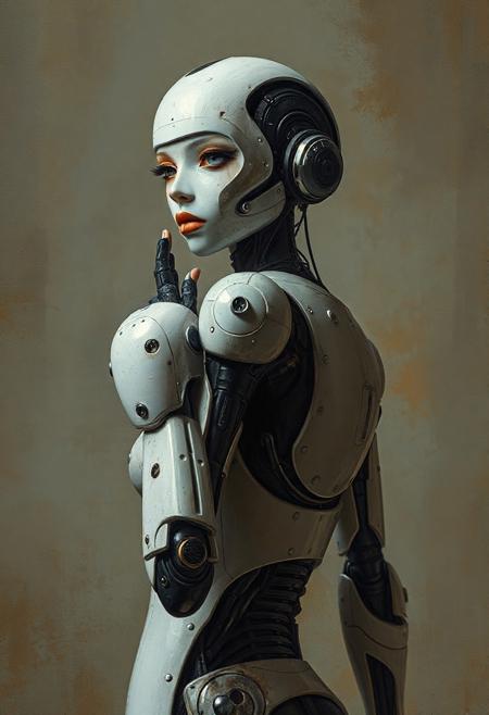 Female porcelain robot. Cyberpunk. Posing for a painting. Painted by goya