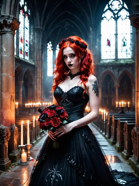 Horror-themed a  25 year old emo woman bride holding a bouquet of decaying black roses,black goth style wedding dress,walking down the aisle in an ancient abandoned cathedral,stain glass windows in the background,candle lit,red hair,(highly detailed skin),perfect face,skin pores,(bokeh:0.6),sharp focus,dappled lighting,(backlighting:0.7),film grain,photographed on a Sony A7R IV,18mm F/1.7 cine lens,(highly detailed, intricately detailed),8k,HDR,front view,(full body visible:1.2) . award-winning,professional,highly detailed,<lora:xl_more_art-full_v1:0.5>,, glow effects, godrays, Hand drawn, render, 8k, octane render, cinema 4d, blender, dark, atmospheric 4k ultra detailed, cinematic, Sharp focus, big depth of field, Masterpiece, colors, 3d octane render, 4k, concept art, trending on artstation, hyperrealistic, Vivid colors, extremely detailed CG unity 8k wallpaper, trending on CGSociety, Intricate, High Detail, dramatic . Eerie, unsettling, dark, spooky, suspenseful, grim, highly detailed