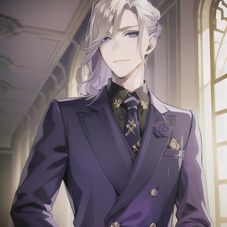 <lora:Vil_Schoenheit:0.8>, 1guy, purple suit, blonde hair, purple eyes, purple highlights, indoors, best quality, highres, Vil Schoenheit, soft smile